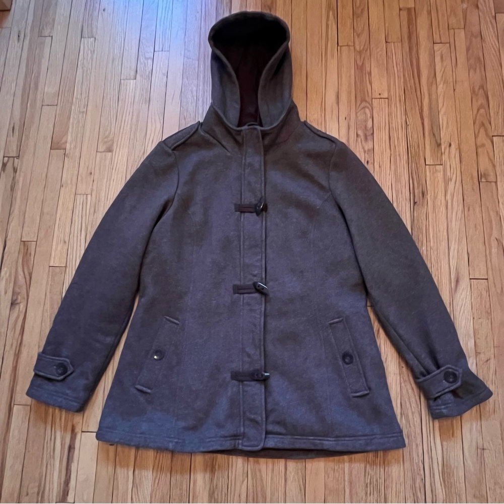 Intl Details Brown Sz L Cozy Lined Fleece Hooded Duffle Coat Toggle Zip Jacket